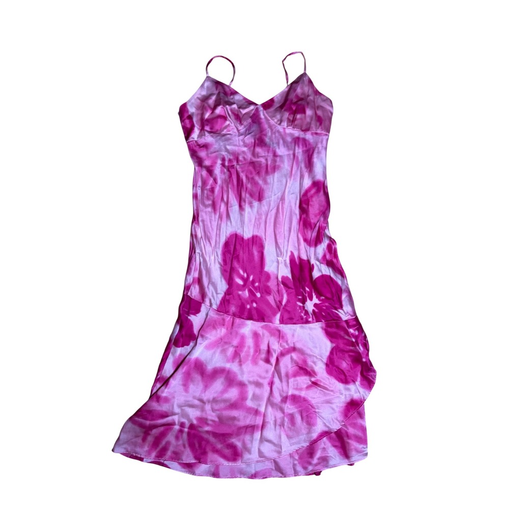 Vintage Express Y2K Pink Floral Silk Babydoll Slip Dress Midi Ruffle Hem 9/10